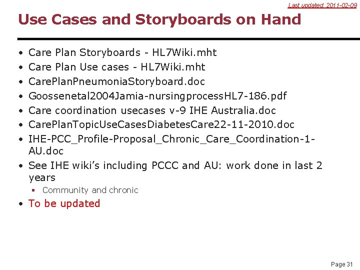 Last updated: 2011 -02 -09 Use Cases and Storyboards on Hand • • Care