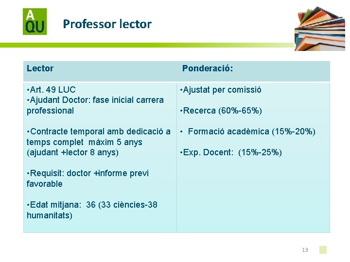 Professor lector Lector Ponderació: • Art. 49 LUC • Ajudant Doctor: fase inicial carrera