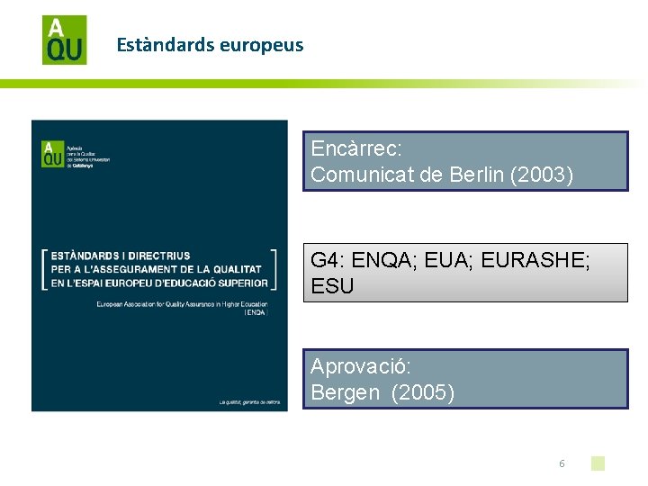 Estàndards europeus Encàrrec: Comunicat de Berlin (2003) G 4: ENQA; EURASHE; ESU Aprovació: Bergen