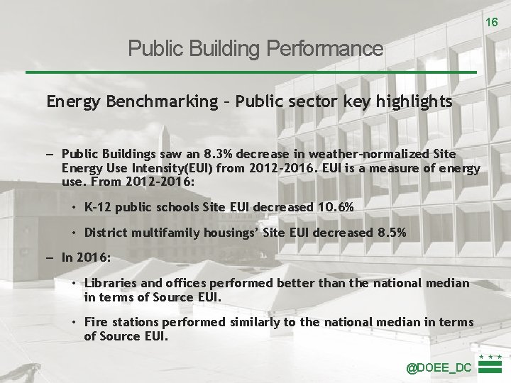 16 Public Building Performance Energy Benchmarking – Public sector key highlights – Public Buildings