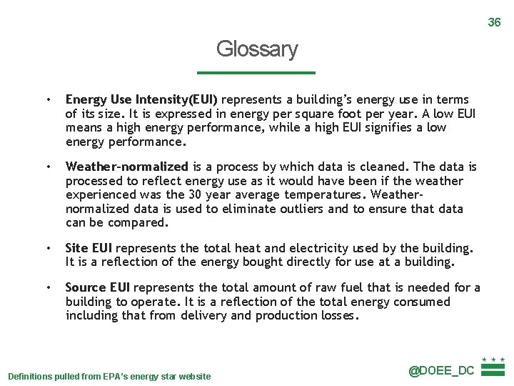 36 Glossary • Energy Use Intensity(EUI) represents a building’s energy use in terms of