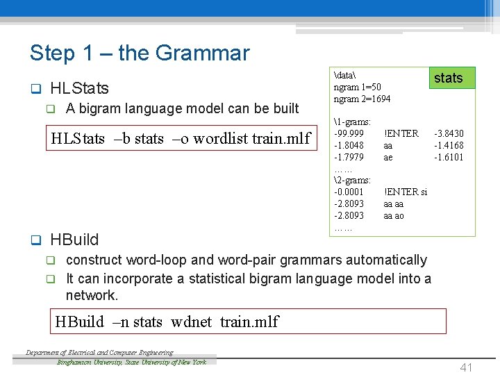Step 1 – the Grammar q HLStats q A bigram language model can be
