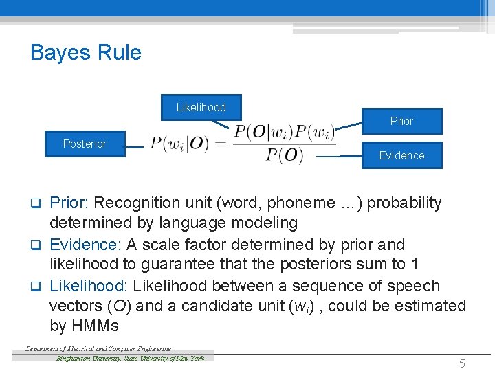 Bayes Rule Likelihood Prior Posterior Evidence Prior: Recognition unit (word, phoneme …) probability determined