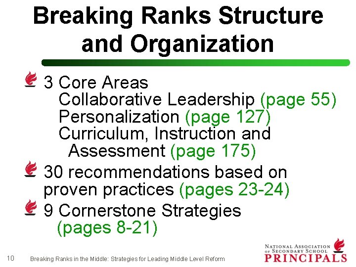 Breaking Ranks Structure and Organization 3 Core Areas Collaborative Leadership (page 55) Personalization (page