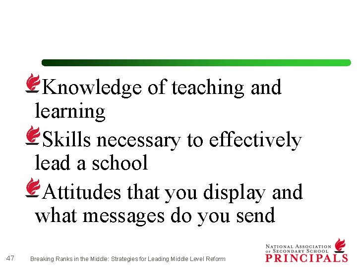 Knowledge of teaching and learning Skills necessary to effectively lead a school Attitudes that