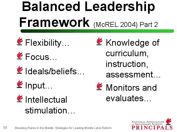 Balanced Leadership Framework (Mc. REL 2004) Part 2 Flexibility… Focus… Ideals/beliefs… Input… Intellectual stimulation…