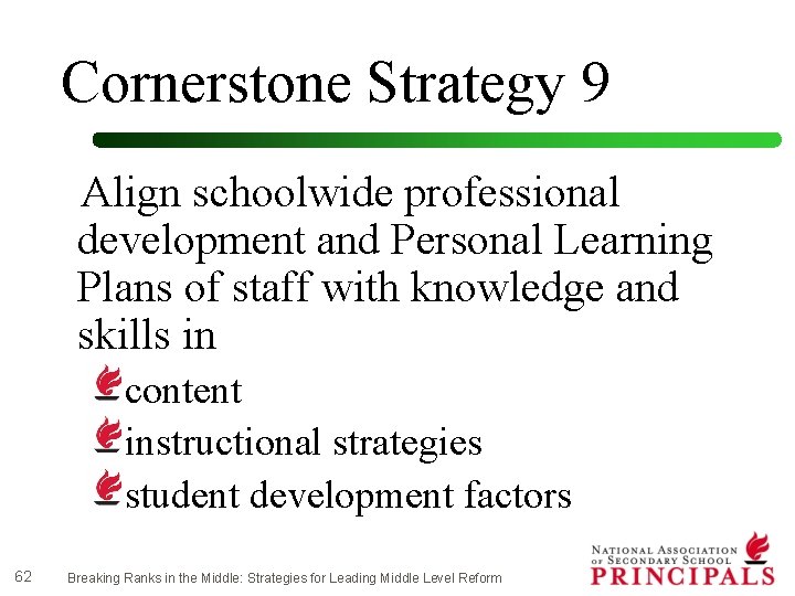 Cornerstone Strategy 9 Align schoolwide professional development and Personal Learning Plans of staff with