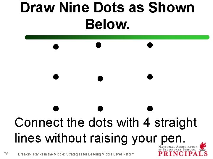 Draw Nine Dots as Shown Solution Below. Connect the dots with 4 straight lines