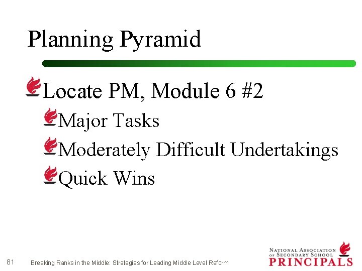 Planning Pyramid Locate PM, Module 6 #2 Major Tasks Moderately Difficult Undertakings Quick Wins