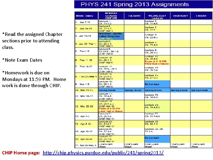 Calendar *Read the assigned Chapter sections prior to attending class. *Note Exam Dates *Homework