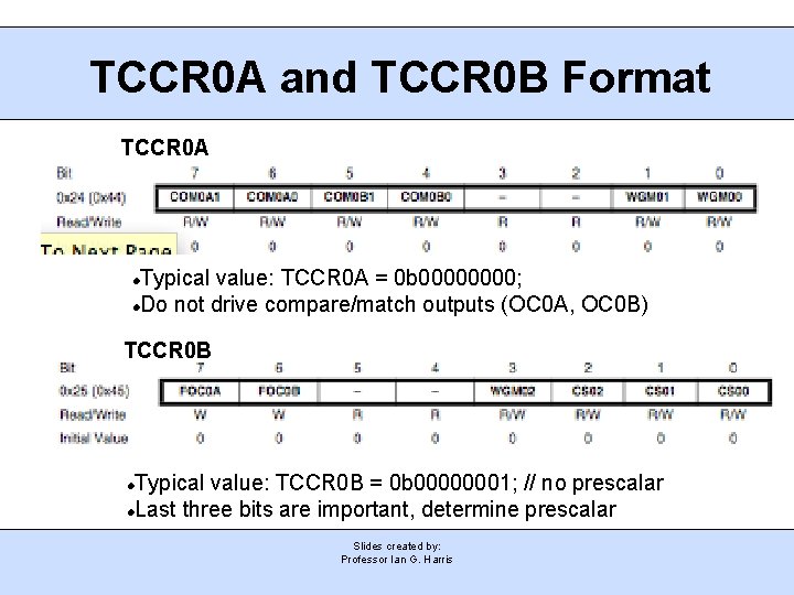 TCCR 0 A and TCCR 0 B Format TCCR 0 A Typical value: TCCR