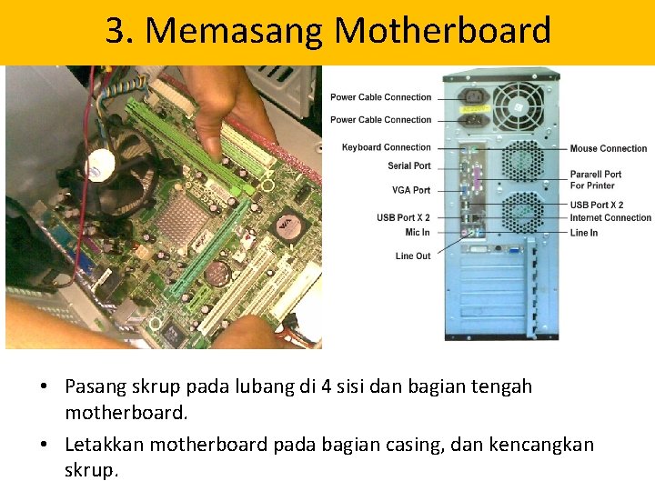 3. Memasang Motherboard • Pasang skrup pada lubang di 4 sisi dan bagian tengah
