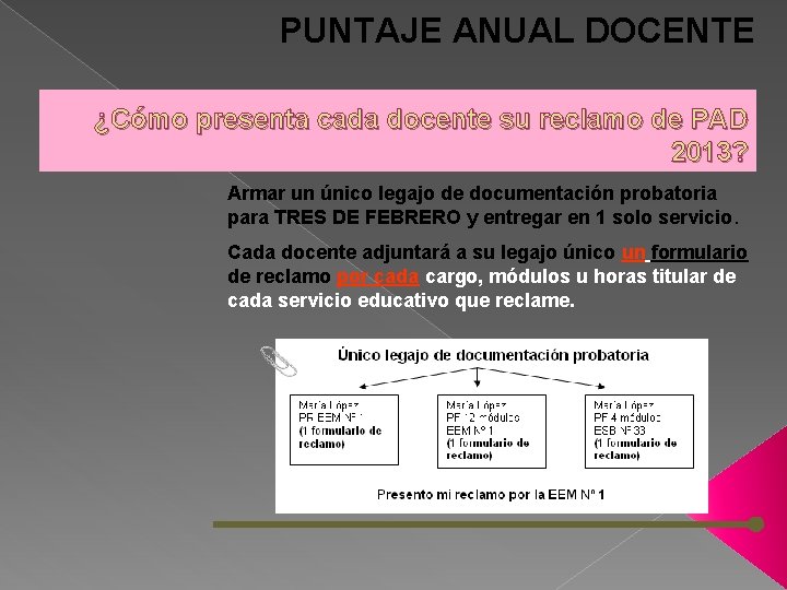 PUNTAJE ANUAL DOCENTE ¿Cómo presenta cada docente su reclamo de PAD 2013? Armar un