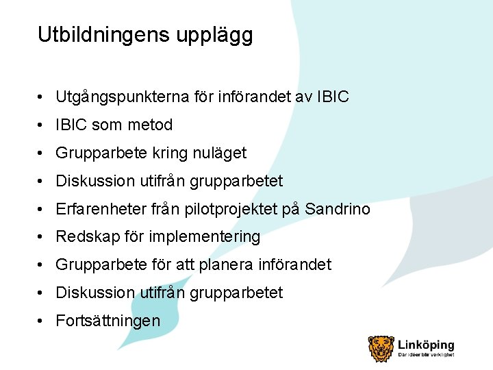 Utbildningens upplägg • Utgångspunkterna för införandet av IBIC • IBIC som metod • Grupparbete