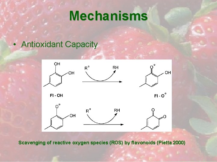 Mechanisms • Antioxidant Capacity Scavenging of reactive oxygen species (ROS) by flavonoids (Pietta 2000)