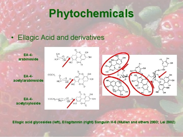 Phytochemicals • Ellagic Acid and derivatives EA-4 arabinoside EA-4 acetylxyloside Ellagic acid glycosides (left),