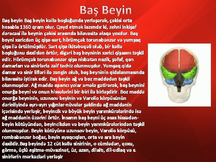 Baş Beyin Baş beyin kəllə boşluğunda yerləşərək, çəkisi orta hesabla 1360 qram olur. Qeyd