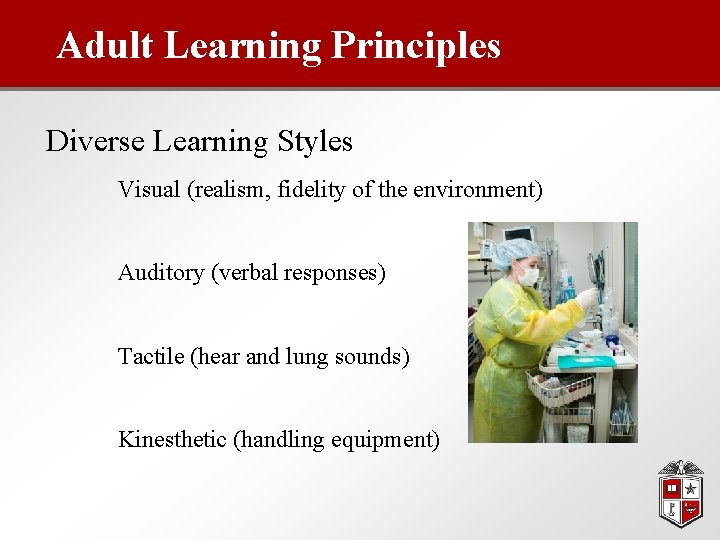 Adult Learning Principles Diverse Learning Styles Visual (realism, fidelity of the environment) Auditory (verbal