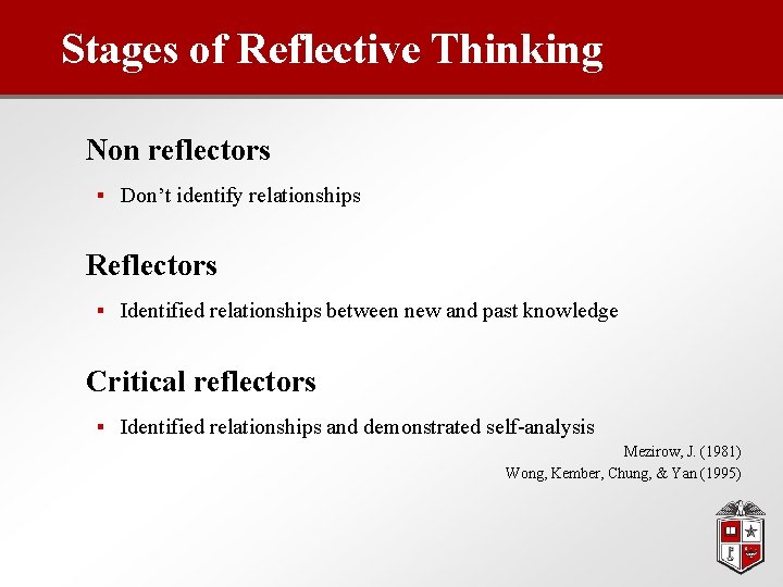 Stages of Reflective Thinking Non reflectors § Don’t identify relationships Reflectors § Identified relationships