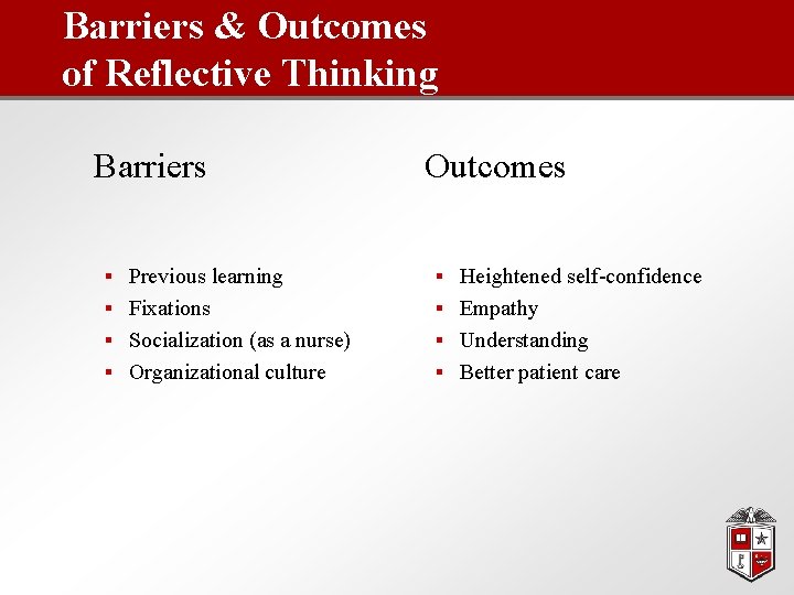 Barriers & Outcomes of Reflective Thinking Barriers Outcomes § Previous learning § Heightened self-confidence