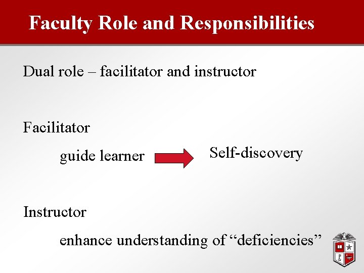 Faculty Role and Responsibilities Dual role – facilitator and instructor Facilitator guide learner Self-discovery