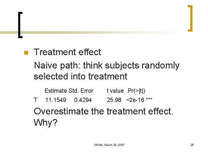 n Treatment effect Naive path: think subjects randomly selected into treatment T Estimate Std.