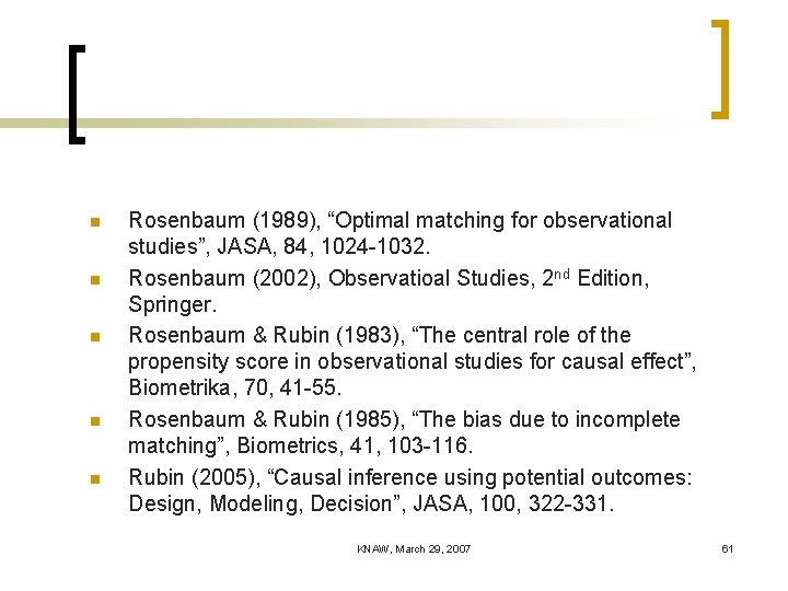 n n n Rosenbaum (1989), “Optimal matching for observational studies”, JASA, 84, 1024 -1032.