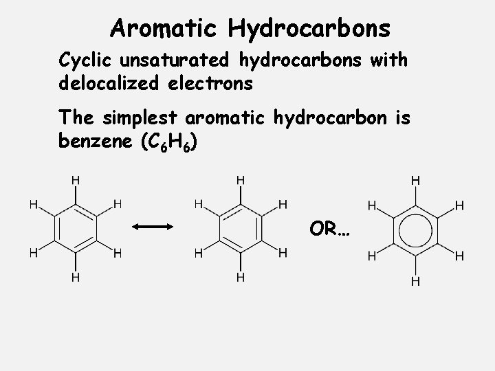 Aromatic Hydrocarbons Cyclic unsaturated hydrocarbons with delocalized electrons The simplest aromatic hydrocarbon is benzene