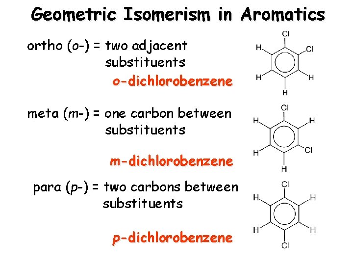 Geometric Isomerism in Aromatics ortho (o-) = two adjacent substituents o-dichlorobenzene meta (m-) =