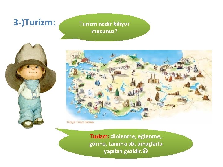 3 -)Turizm: Turizm nedir biliyor musunuz? Turizm: dinlenme, eğlenme, görme, tanıma vb. amaçlarla yapılan