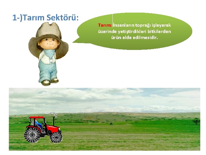 1 -)Tarım Sektörü: Tarım: İnsanların toprağı işleyerek üzerinde yetiştirdikleri bitkilerden ürün elde edilmesidir. 