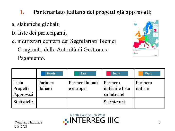 1. Partenariato italiano dei progetti già approvati; a. statistiche globali; b. liste dei partecipanti;