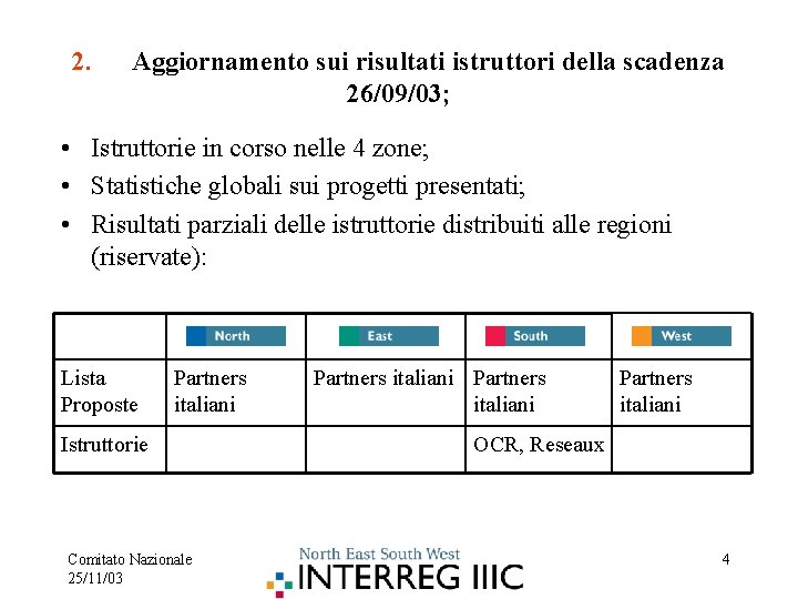 2. Aggiornamento sui risultati istruttori della scadenza 26/09/03; • Istruttorie in corso nelle 4