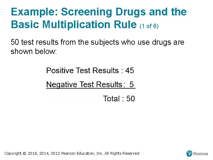 Example: Screening Drugs and the Basic Multiplication Rule (1 of 6) 50 test results