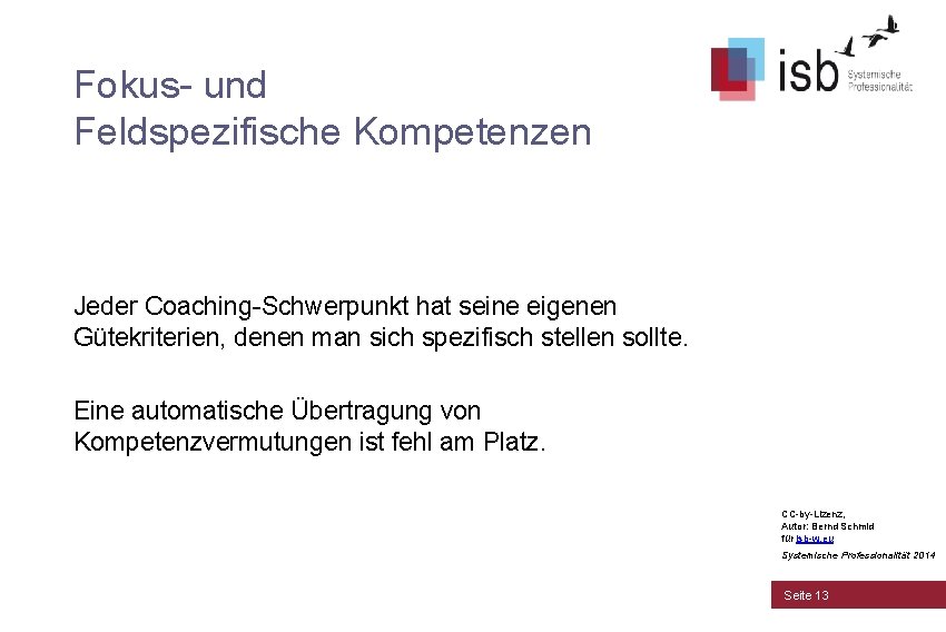 Fokus- und Feldspezifische Kompetenzen Jeder Coaching-Schwerpunkt hat seine eigenen Gütekriterien, denen man sich spezifisch