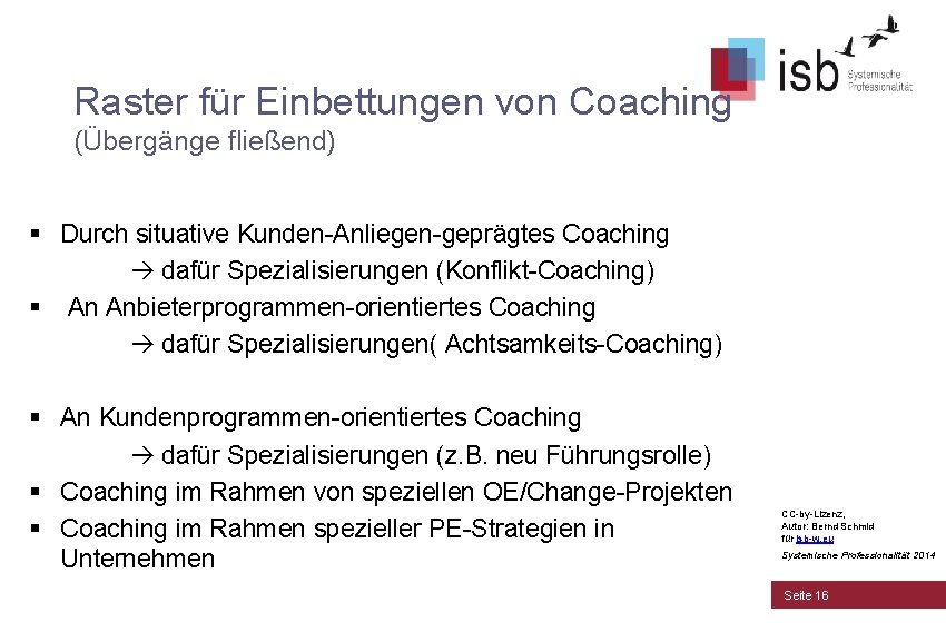 Raster für Einbettungen von Coaching (Übergänge fließend) § Durch situative Kunden-Anliegen-geprägtes Coaching dafür Spezialisierungen