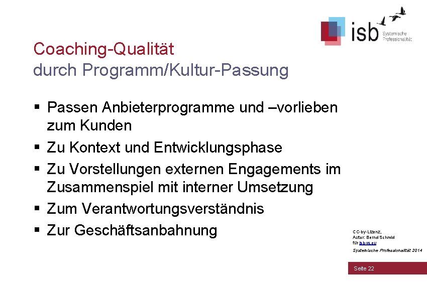 Coaching-Qualität durch Programm/Kultur-Passung § Passen Anbieterprogramme und –vorlieben zum Kunden § Zu Kontext und