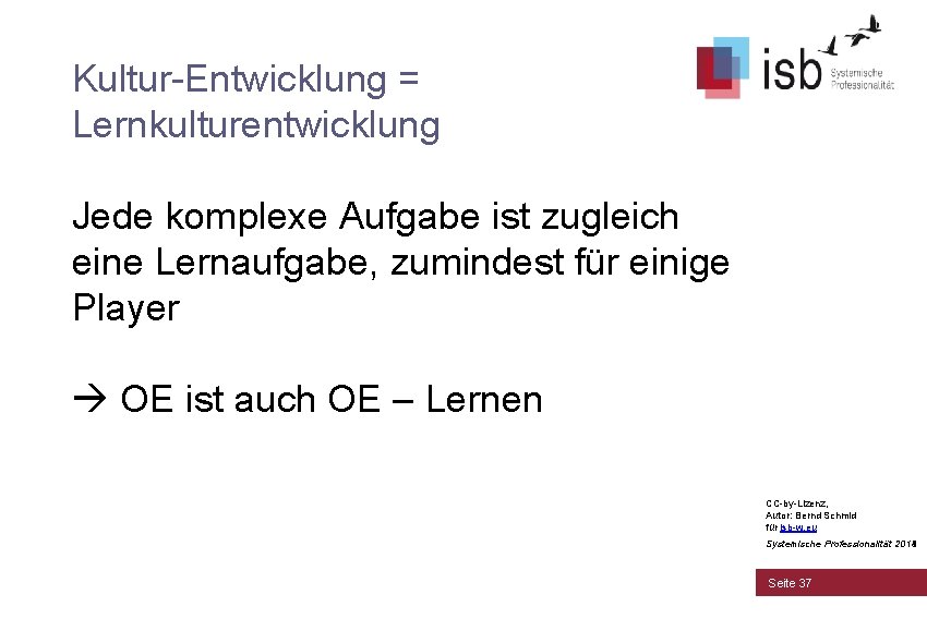 Kultur-Entwicklung = Lernkulturentwicklung Jede komplexe Aufgabe ist zugleich eine Lernaufgabe, zumindest für einige Player