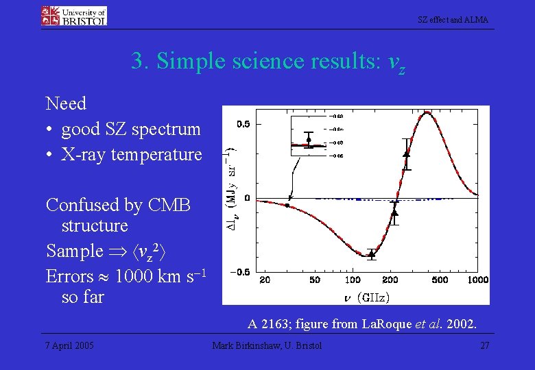 SZ effect and ALMA 3. Simple science results: vz Need • good SZ spectrum