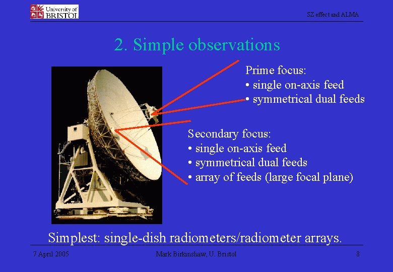 SZ effect and ALMA 2. Simple observations Prime focus: • single on-axis feed •