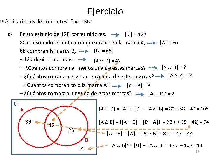 Ejercicio • Aplicaciones de conjuntos: Encuesta c) |U| = 120 En un estudio de