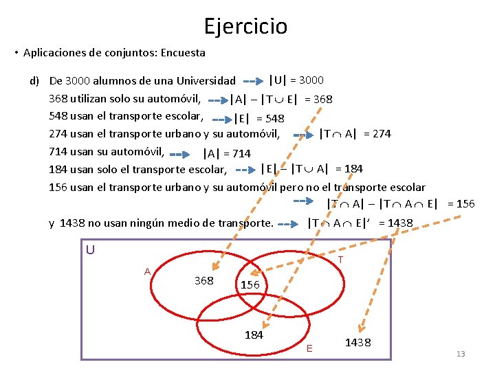 Ejercicio • Aplicaciones de conjuntos: Encuesta |U| = 3000 d) De 3000 alumnos de
