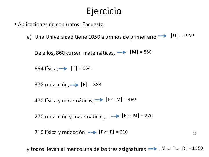 Ejercicio • Aplicaciones de conjuntos: Encuesta e) Una Universidad tiene 1050 alumnos de primer