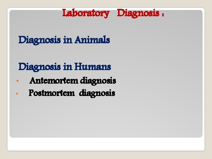 Laboratory Diagnosis : Diagnosis in Animals Diagnosis in Humans • • Antemortem diagnosis Postmortem