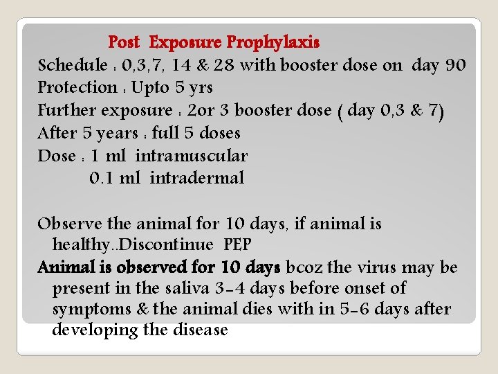 Post Exposure Prophylaxis Schedule : 0, 3, 7, 14 & 28 with booster dose