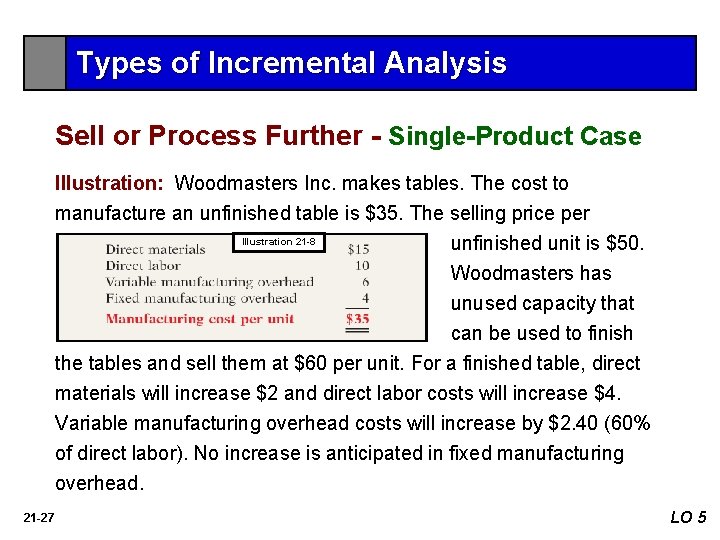 Types of Incremental Analysis Sell or Process Further - Single-Product Case Illustration: Woodmasters Inc.