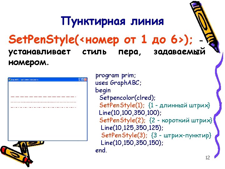 Пунктирная линия Set. Pen. Style(<номер от 1 до 6>); устанавливает номером. стиль пера, задаваемый