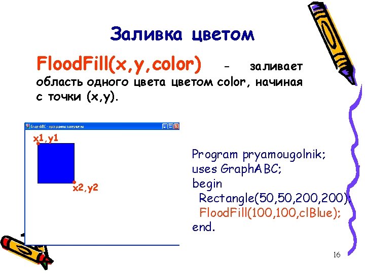 Заливка цветом Flood. Fill(x, y, color) заливает область одного цвета цветом color, начиная с