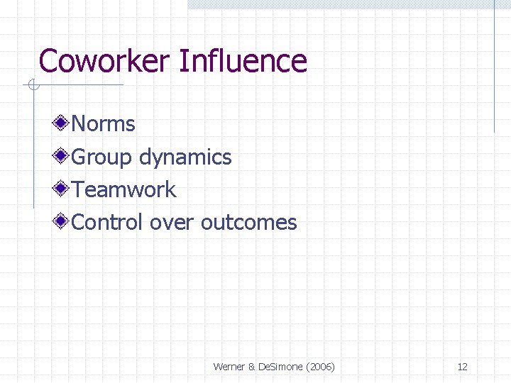 Coworker Influence Norms Group dynamics Teamwork Control over outcomes Werner & De. Simone (2006)