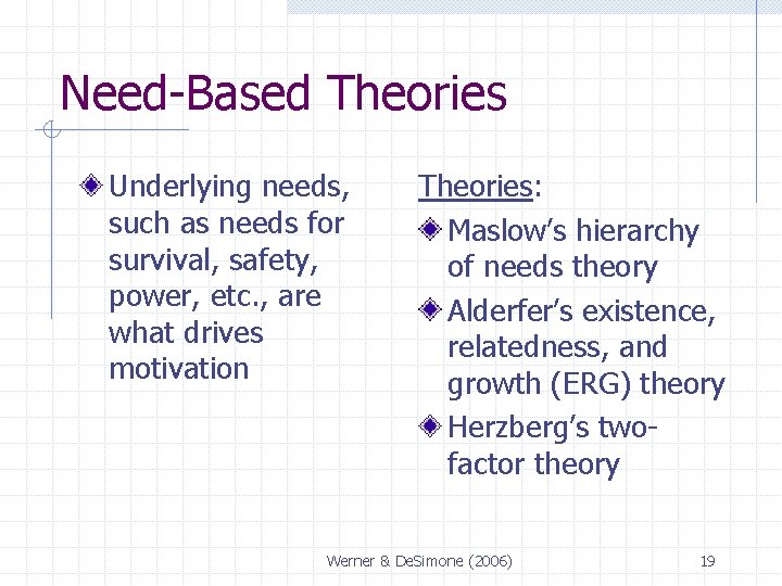 Need-Based Theories Underlying needs, such as needs for survival, safety, power, etc. , are